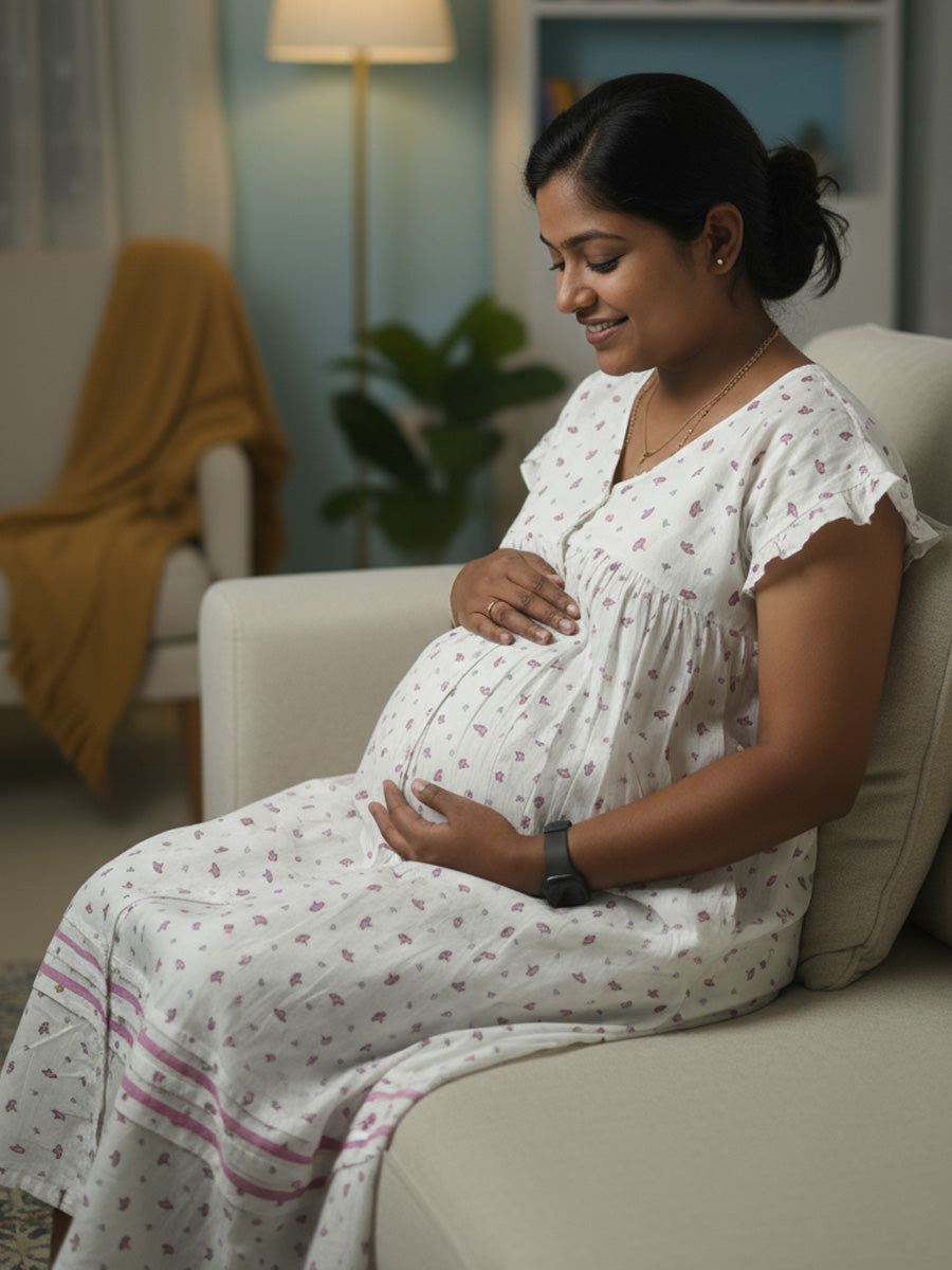 White Pink-Floral Full-Open Maternity & Nursing Nighty – Cotton by Ziva