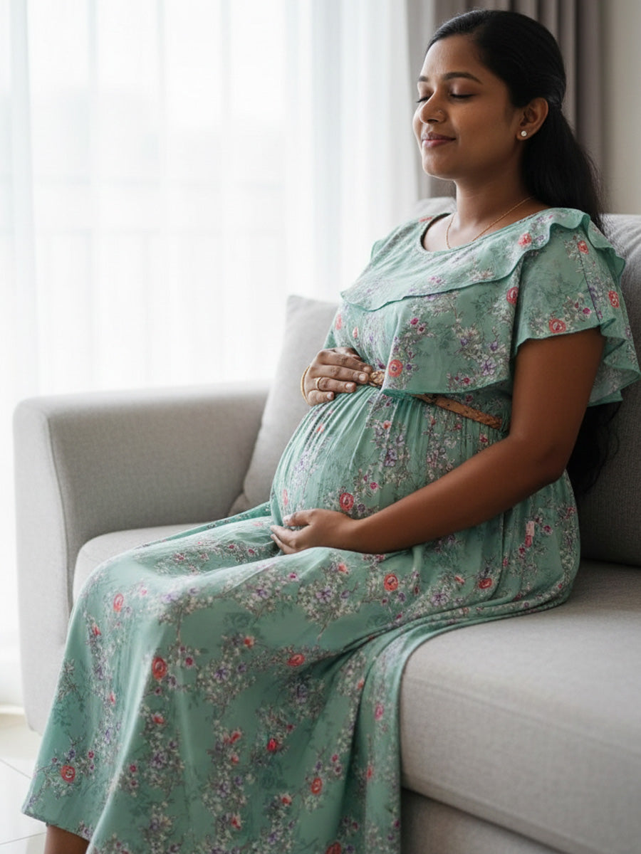 Light Blue Floral Ruffle Overlay Maternity & Feeding Dress