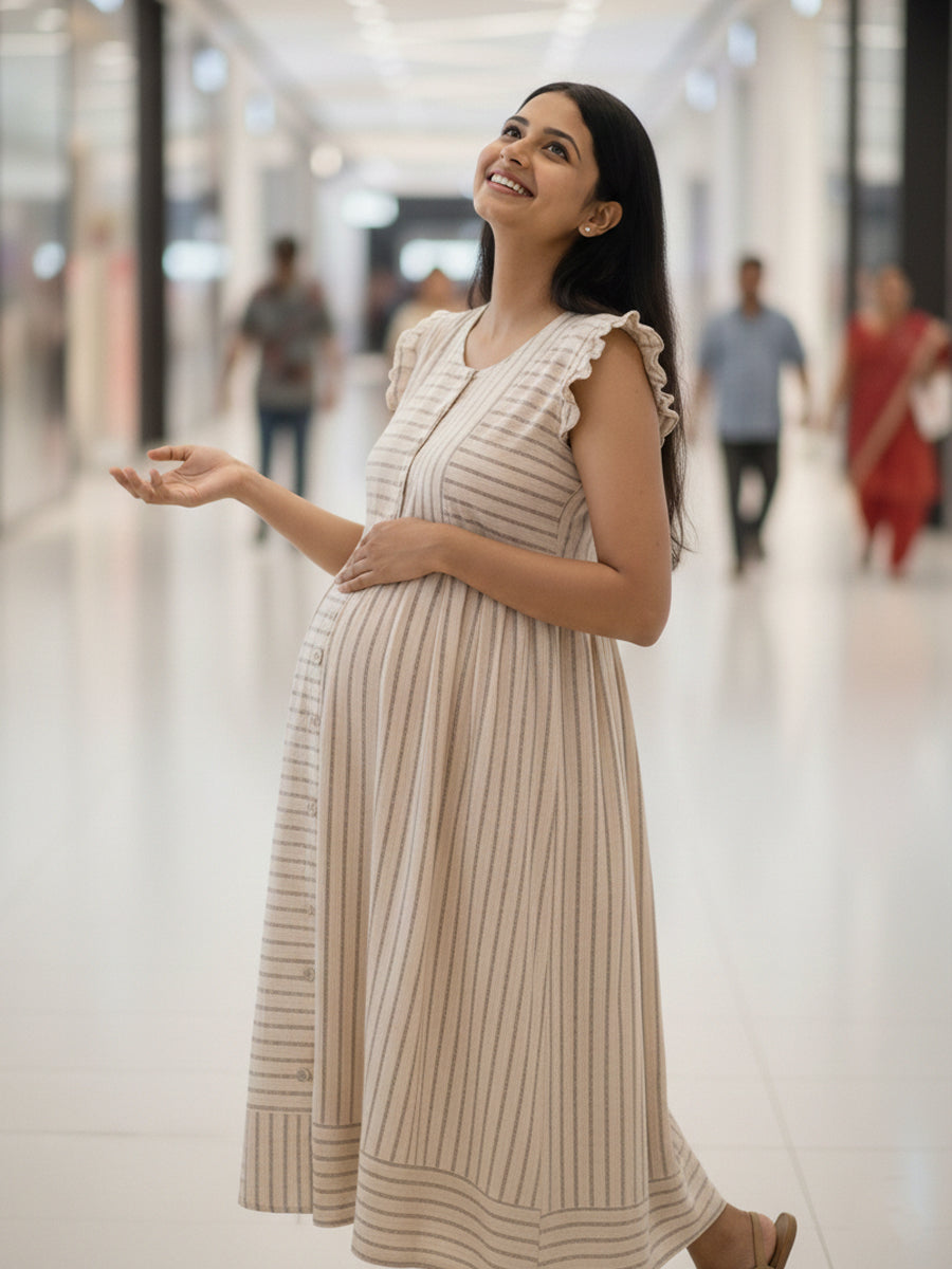 Rose Cream Organic Cotton Maternity & Feeding Dress – Brown Striped Elegance