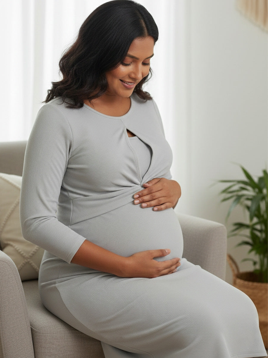 Grey Knitted Textured Twisty Zipless Maternity Dress – Stretch Fit Elegance