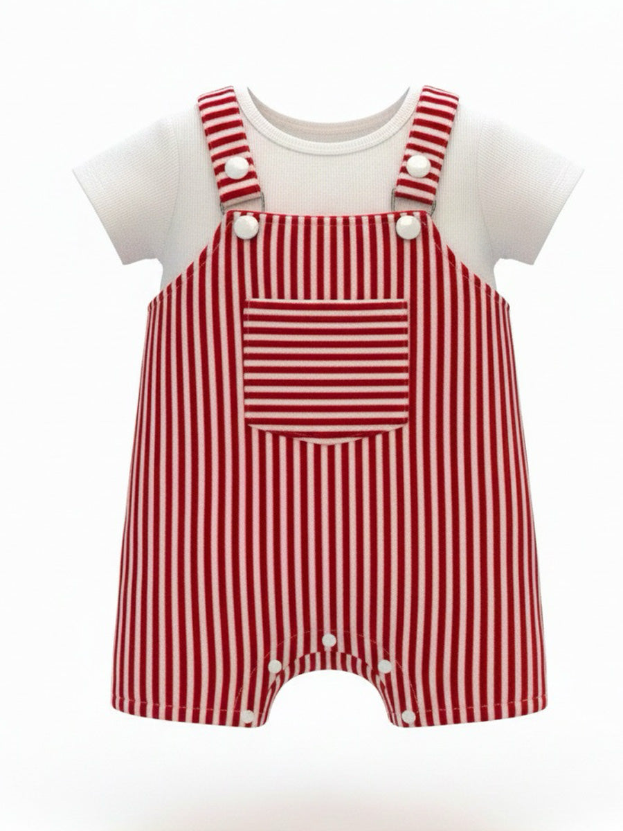 Red & White Striped Romper with White Undershirt – Soft & Comfy Baby Boy Outfit