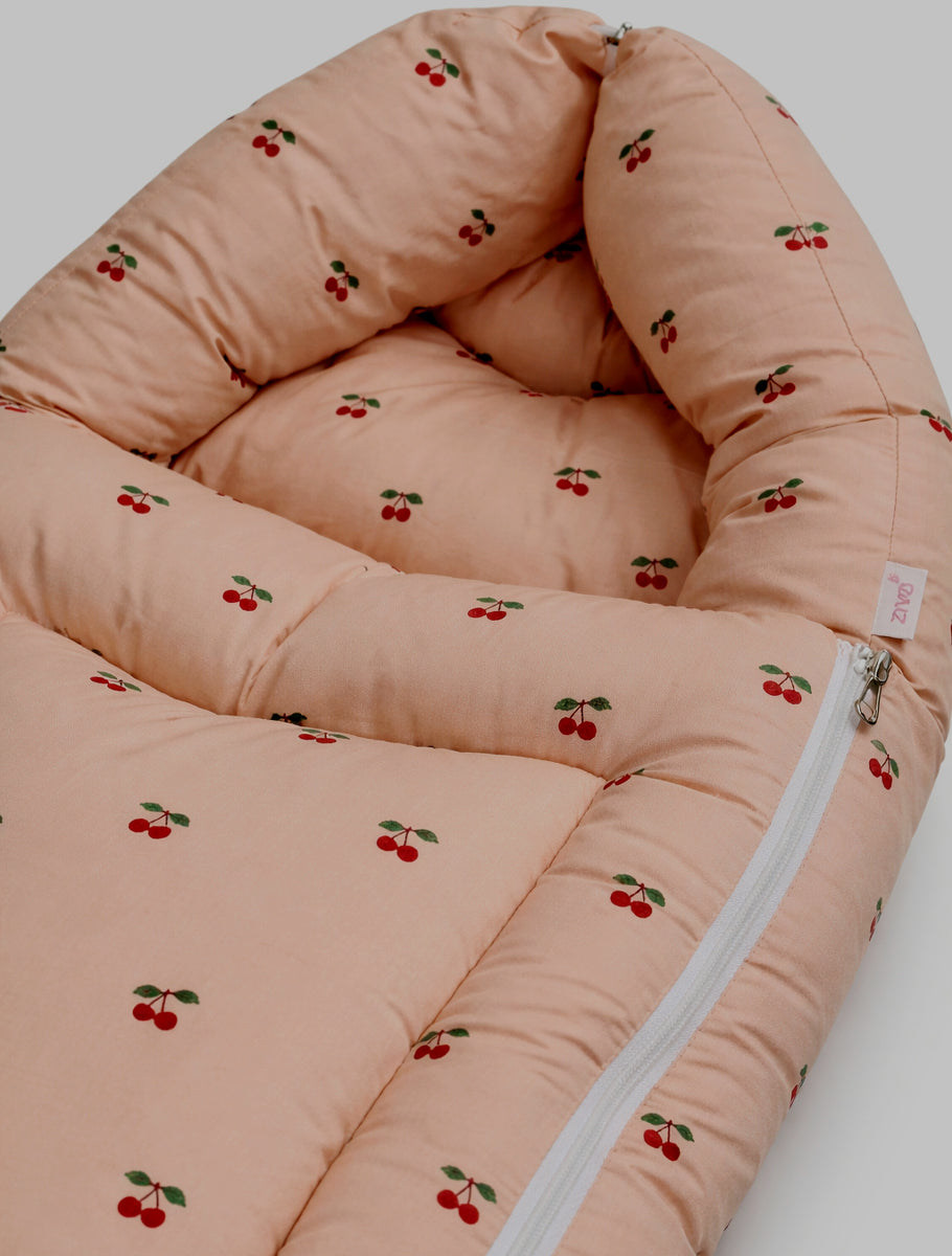 Ziva 3-in-1 Baby Bed – Organic Cotton Carry Nest cum Sleeping Bag (Cherry Print, Brown Colour)
