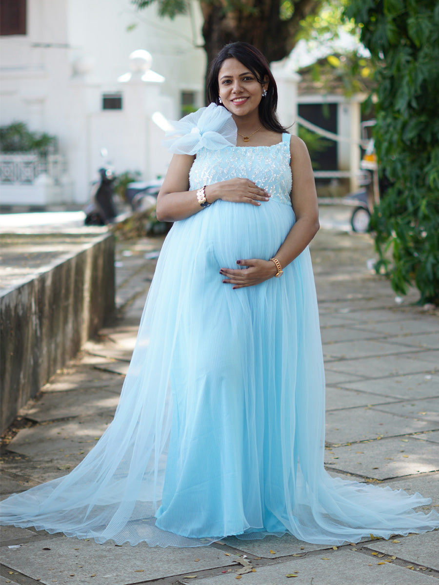 Sky Blossom Baby Shower & Photoshoot Maternity Gown – Sky Blue