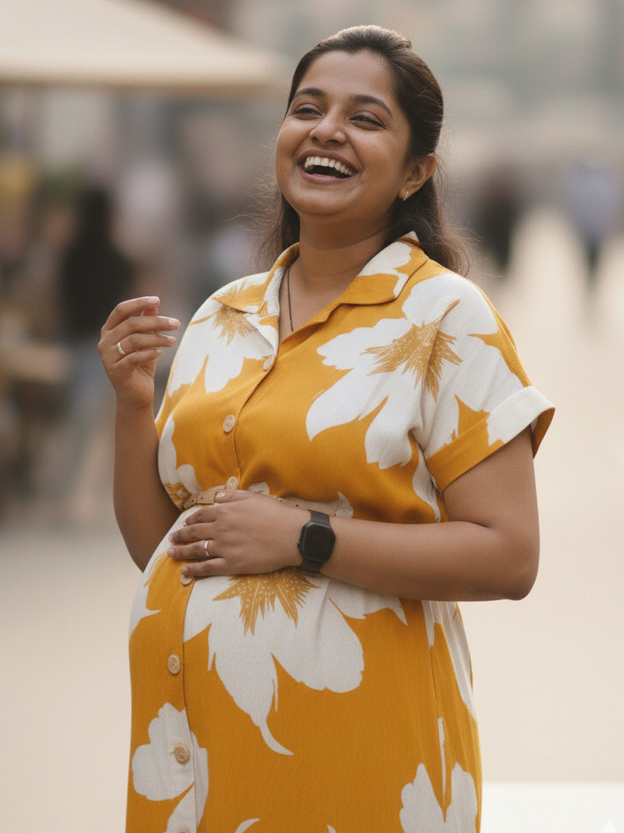 Mustard Floral Shirt Dress – Full Open Nursing | Ziva