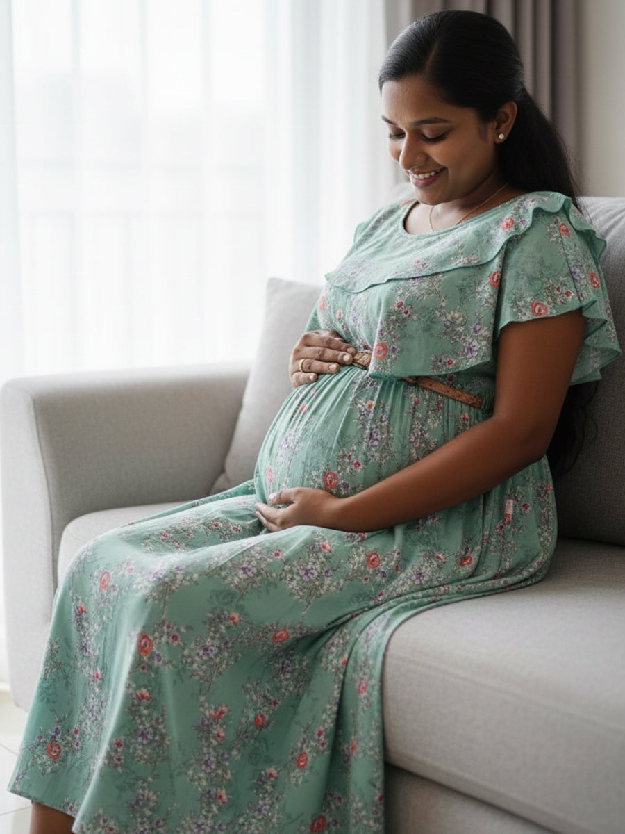 Light Blue Floral Ruffle Overlay Maternity & Feeding Dress