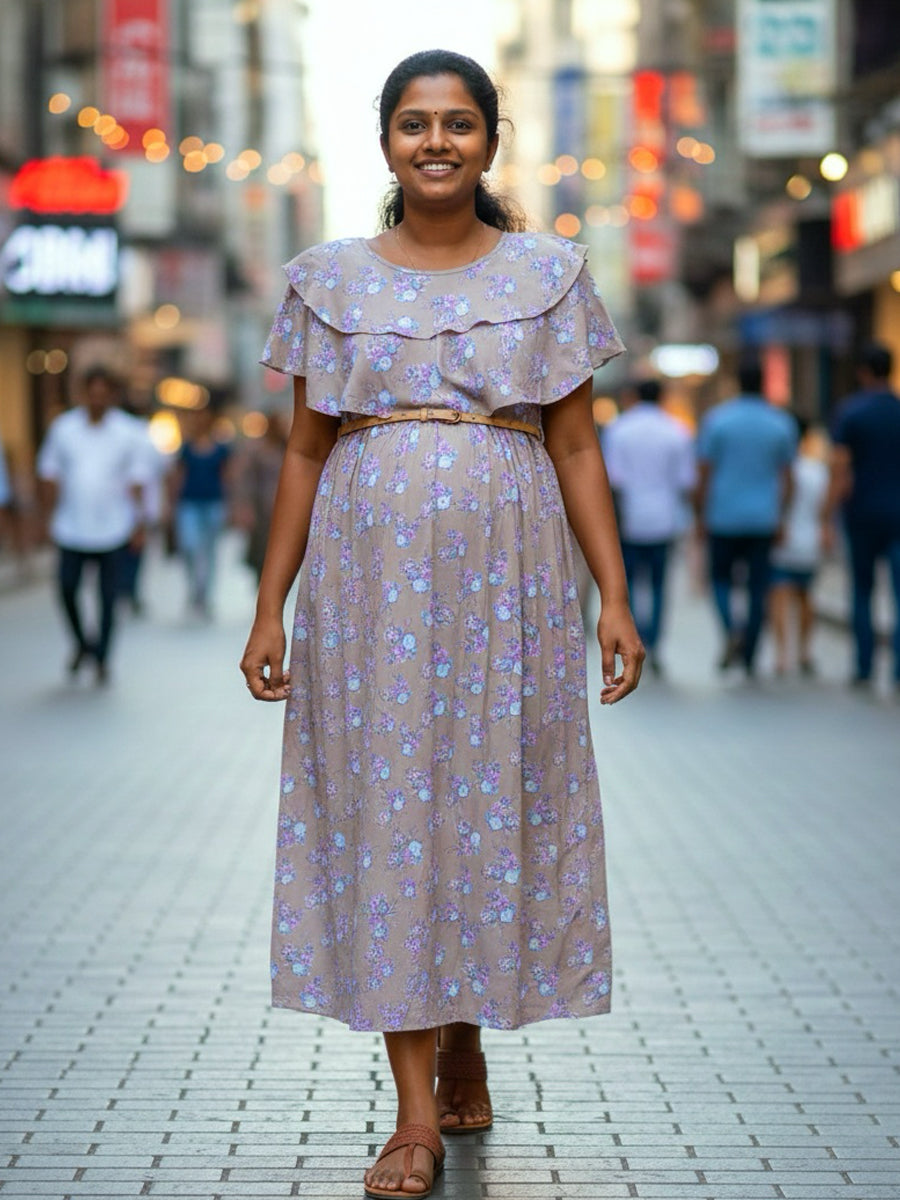 Light Brown Rayon Dress with Blue–Purple Floral Print – Ruffled Sleeves & Dual-Zip Nursing Access