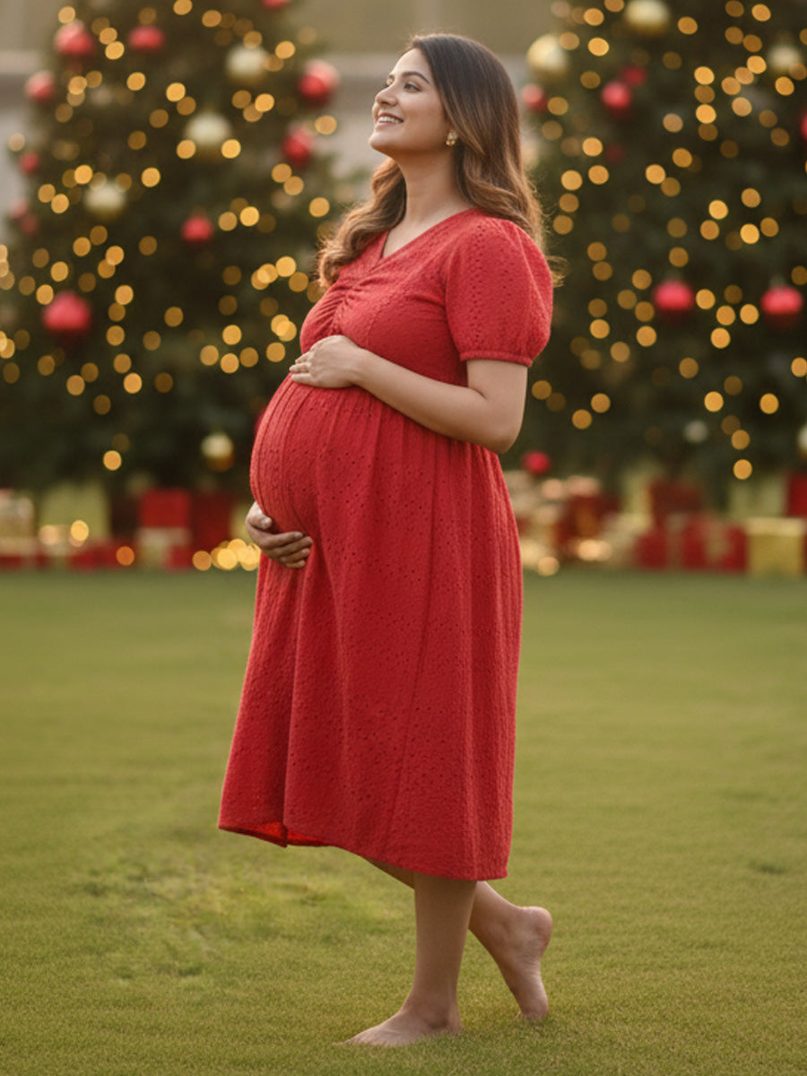 Aqaba Red Puff Sleeve Maternity & Feeding Dress – Festive Edition