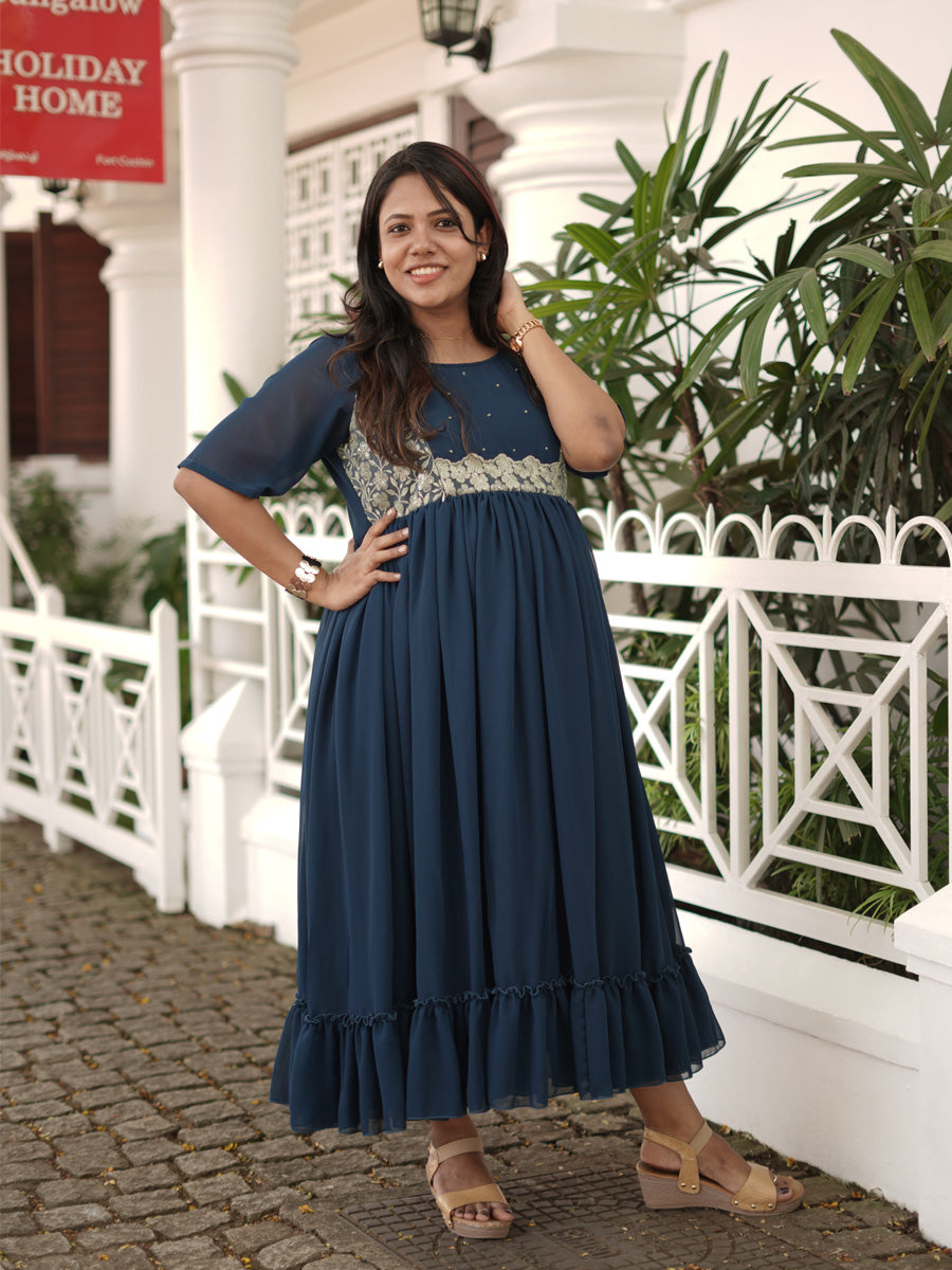 Royal Peacock Blue Maternity Party-Wear Dress with D-Net Yoke & Pleated Skirt