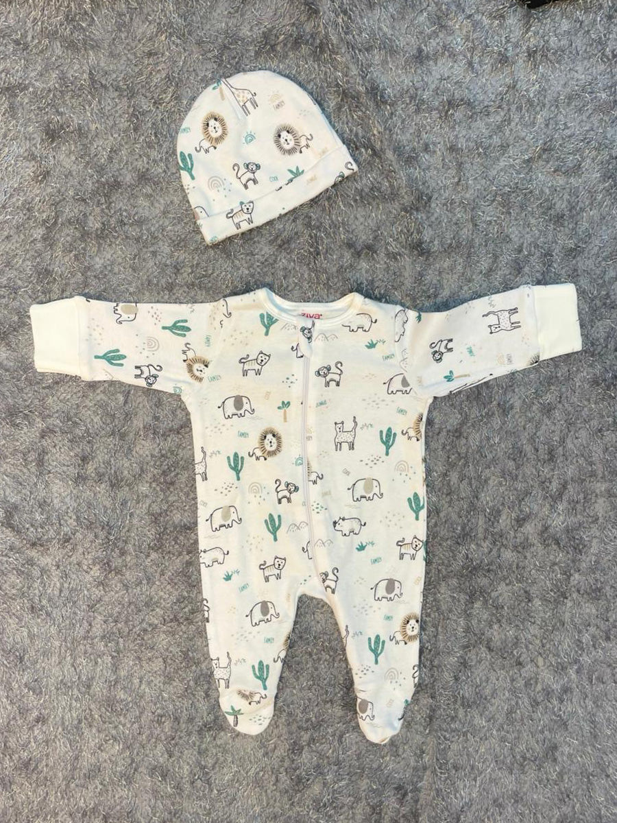 Ziva Knitted Cotton Fully Covered Baby Sleepsuit with Cap – Cute Animal Print & Front Zip