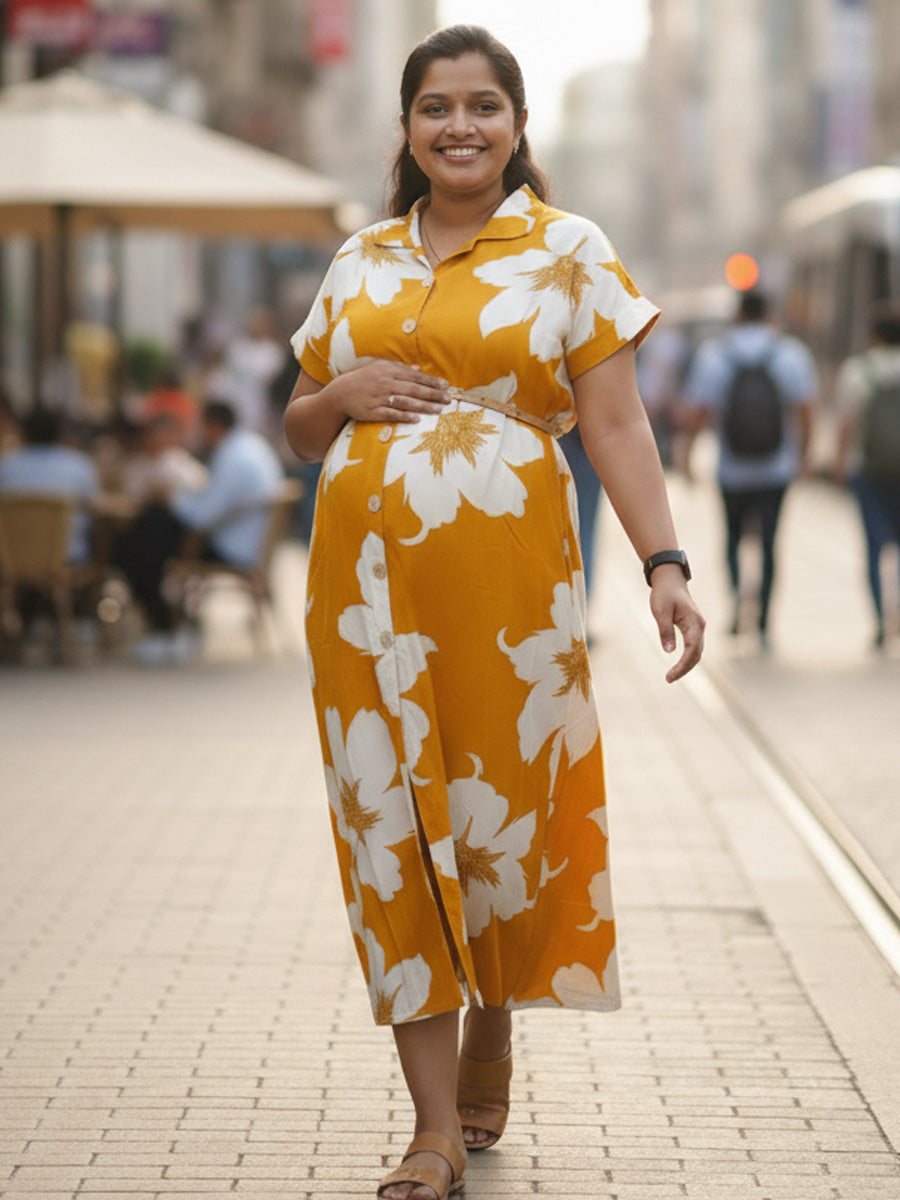 Mustard Floral Shirt Dress – Full Open Nursing | Ziva