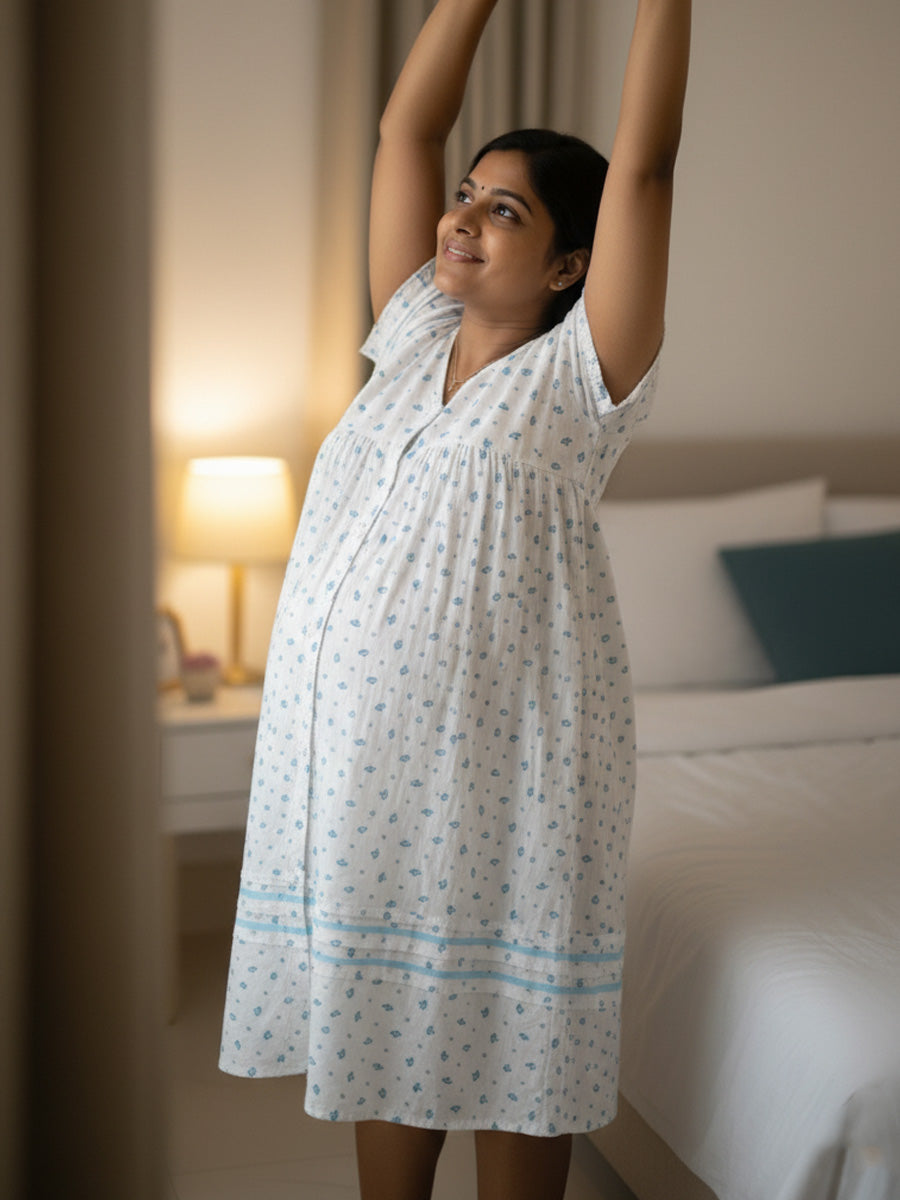 White Blue-Floral Full-Open Maternity & Nursing Nighty – Cotton by Ziva