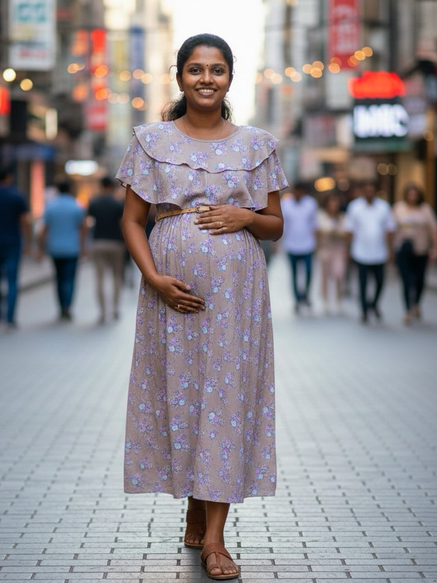 Light Brown Rayon Dress with Blue–Purple Floral Print – Ruffled Sleeves & Dual-Zip Nursing Access
