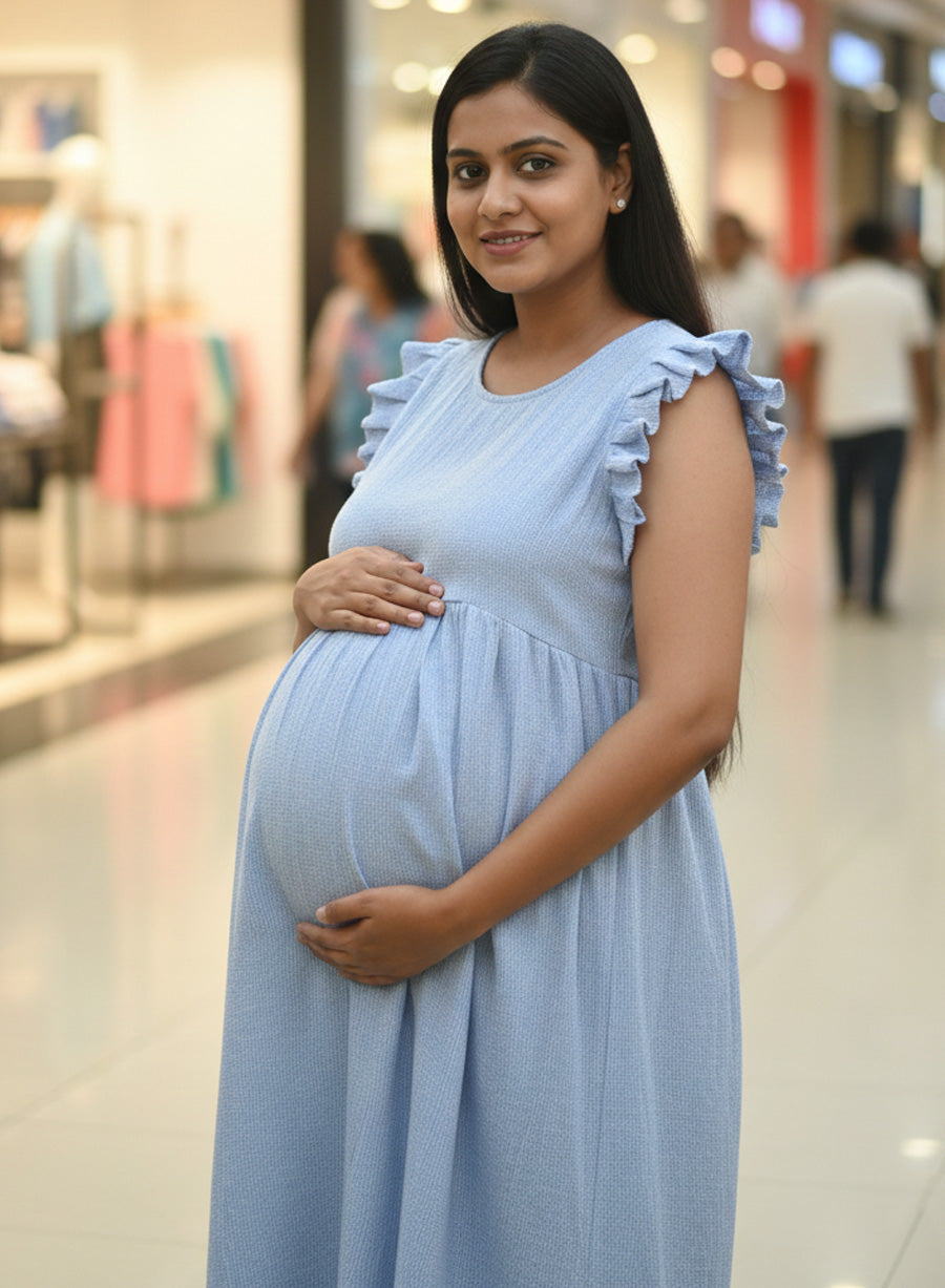 Blue Crushed Cotton Maternity & Nursing Dress with Horizontal Stripes