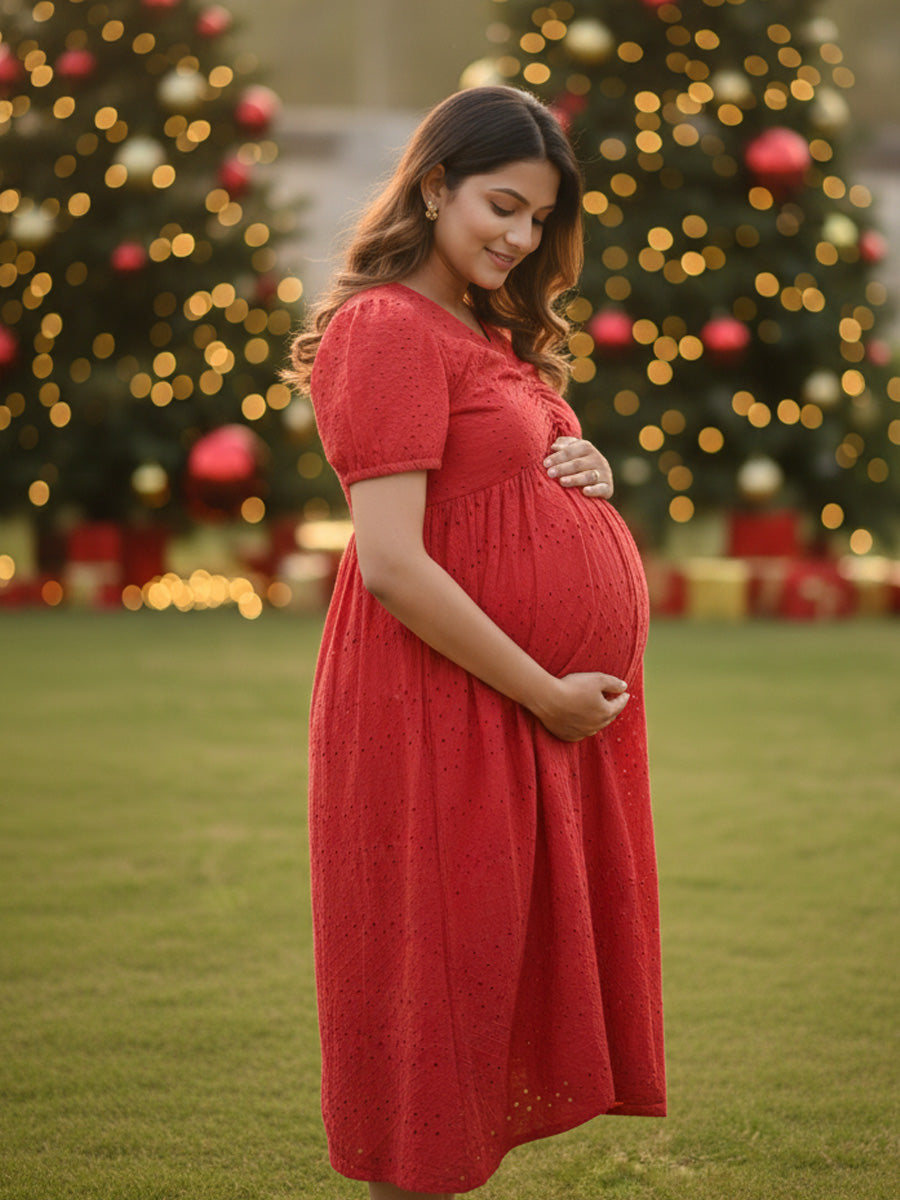 Aqaba Red Puff Sleeve Maternity & Feeding Dress – Festive Edition