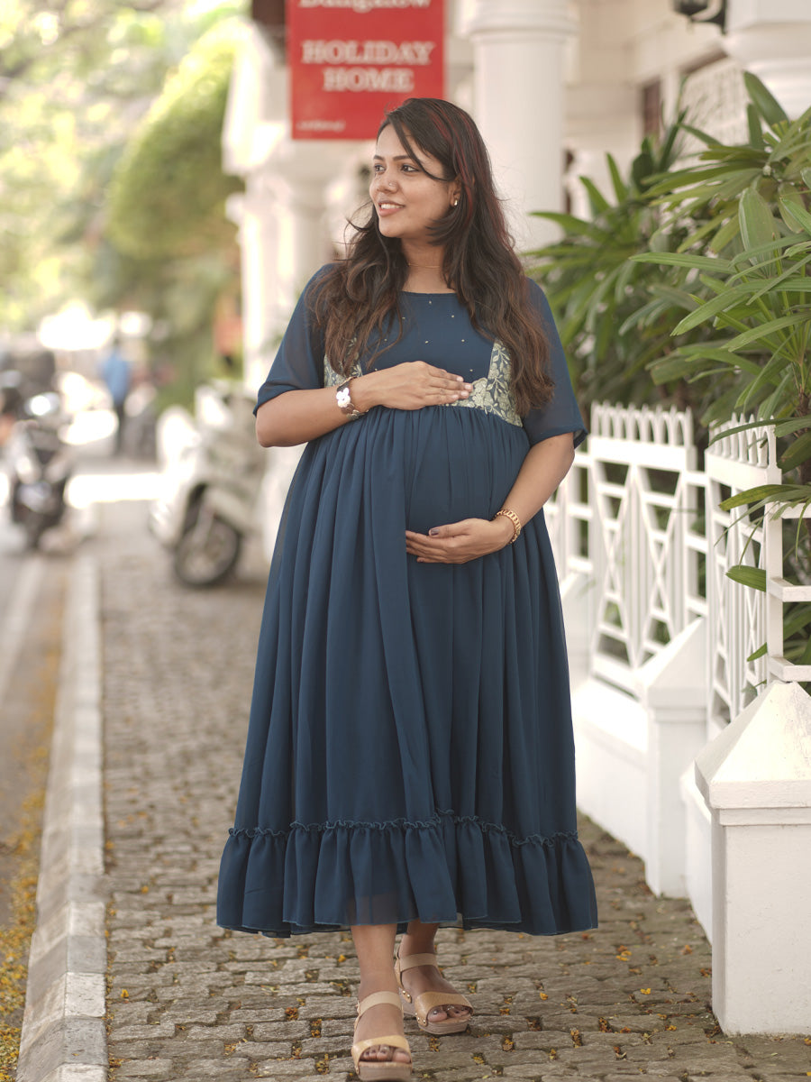 Royal Peacock Blue Maternity Party-Wear Dress with D-Net Yoke & Pleated Skirt