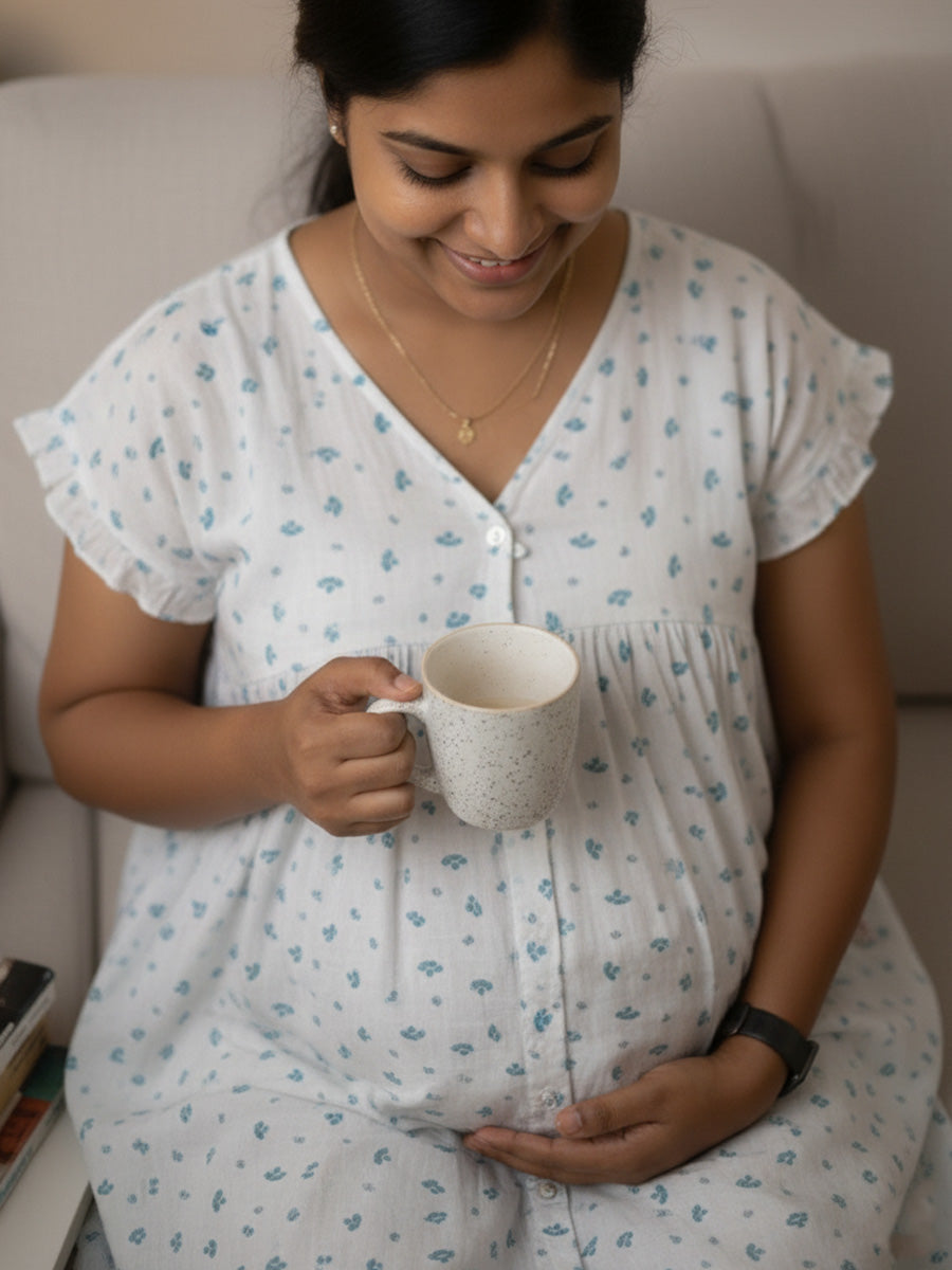 White Blue-Floral Full-Open Maternity & Nursing Nighty – Cotton by Ziva