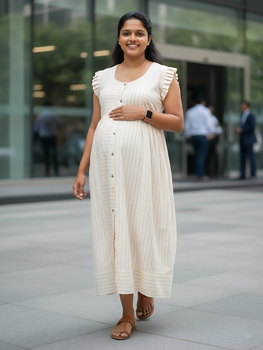 Cream Organic Cotton Maternity & Feeding Dress – Elegant Fine Brown Striped Print