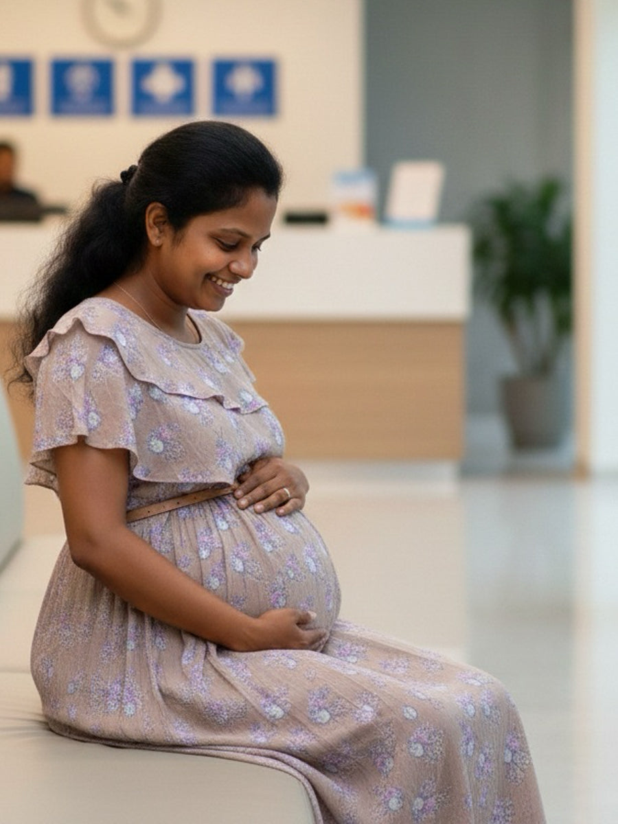 Light Brown Rayon Dress with Blue–Purple Floral Print – Ruffled Sleeves & Dual-Zip Nursing Access