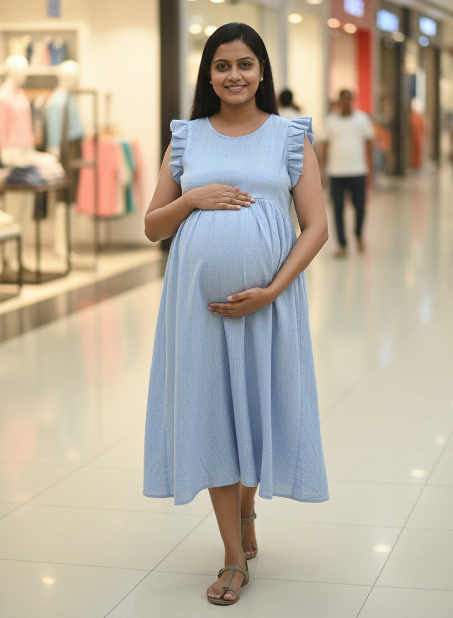 Blue Crushed Cotton Maternity & Nursing Dress with Horizontal Stripes