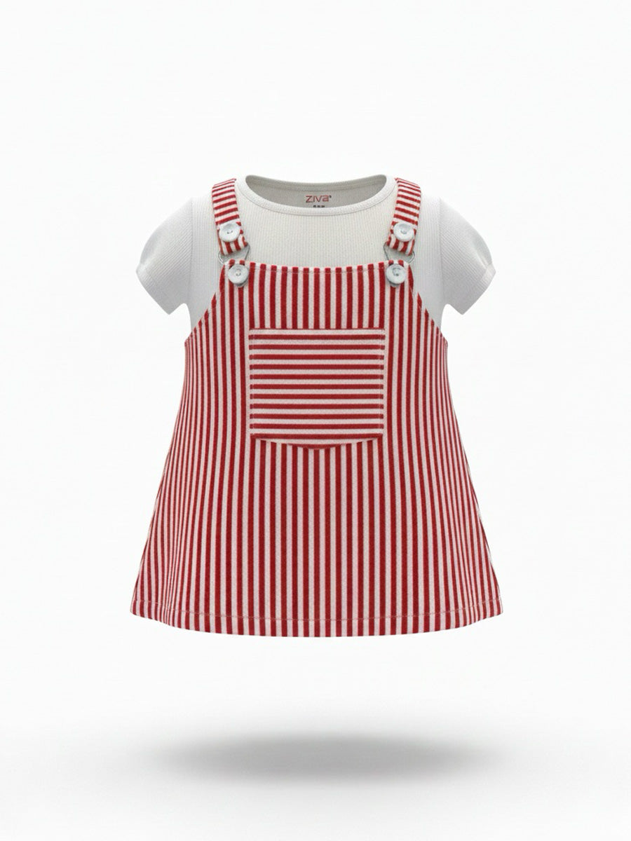 Red & White Striped Overall Dress with White Inner Top – Soft & Festive Baby Girl Outfit