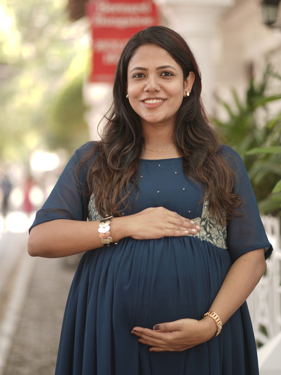 Royal Peacock Blue Maternity Party-Wear Dress with D-Net Yoke & Pleated Skirt