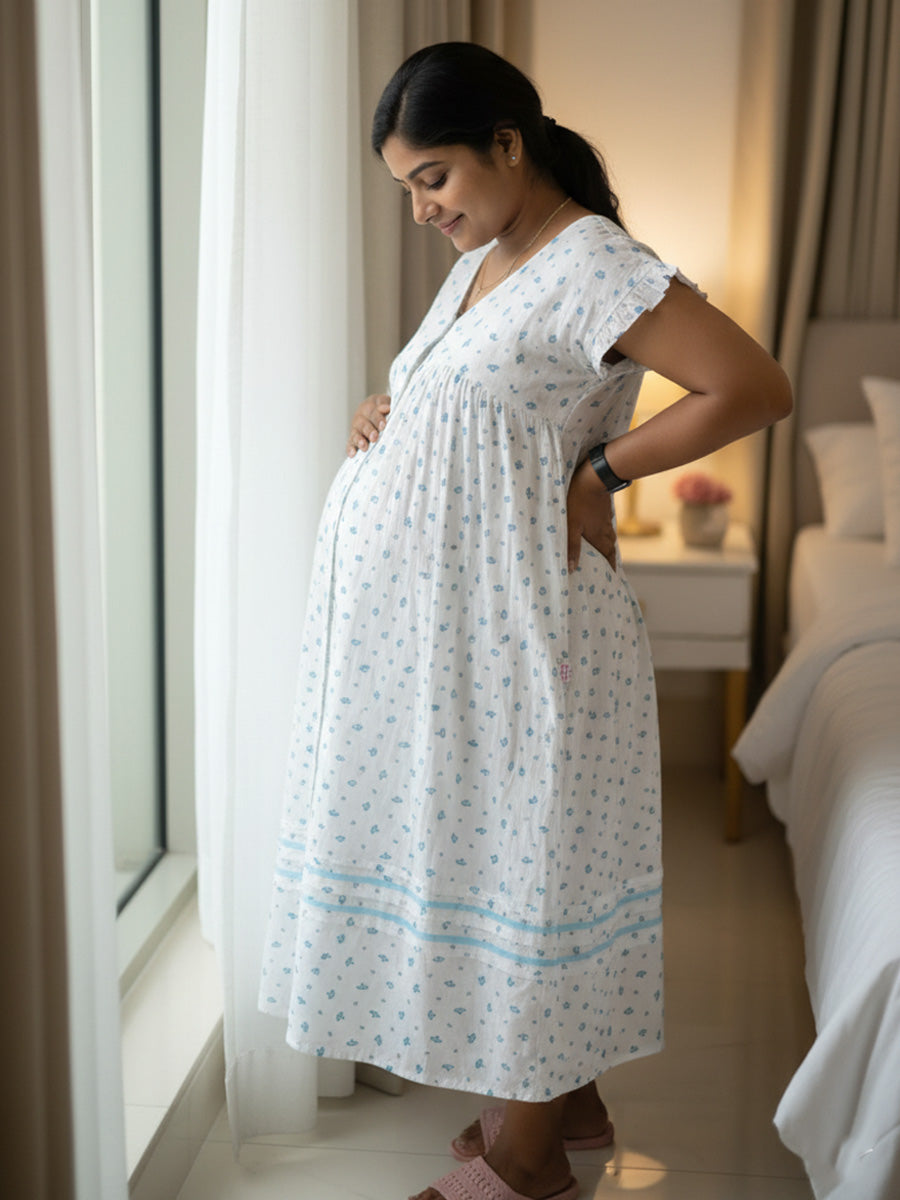 White Blue-Floral Full-Open Maternity & Nursing Nighty – Cotton by Ziva