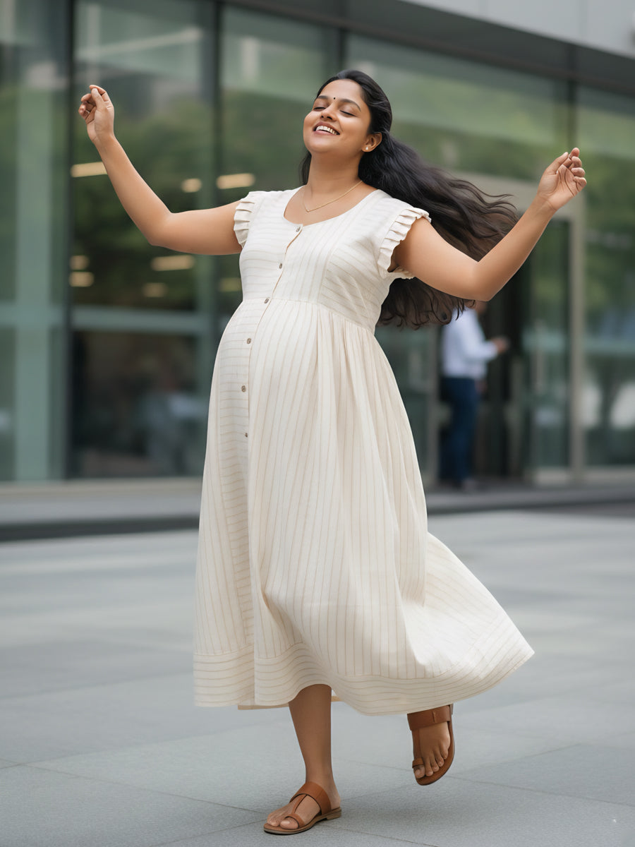 Cream Organic Cotton Maternity & Feeding Dress – Elegant Fine Brown Striped Print