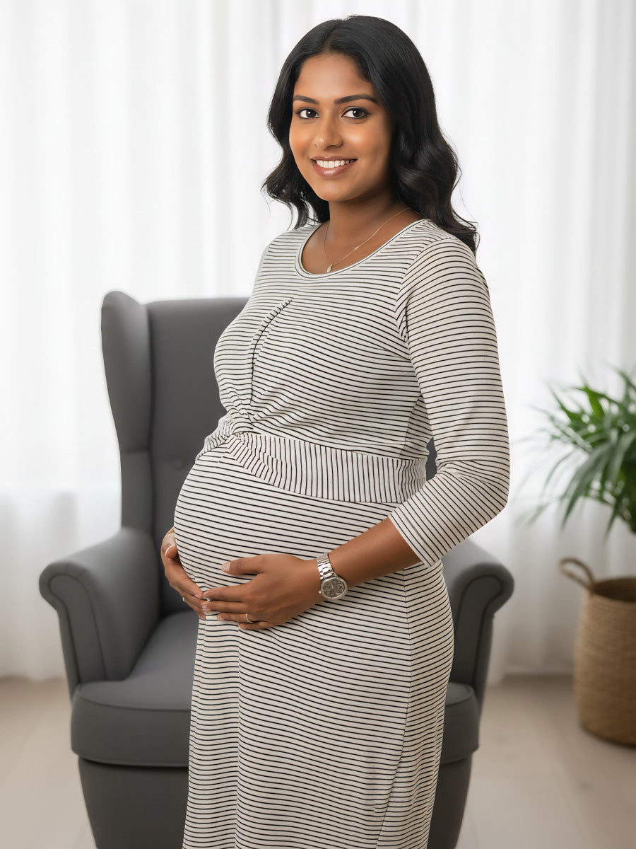 White Knitted Zipless Twisty Maternity Dress with Grey Striped Print