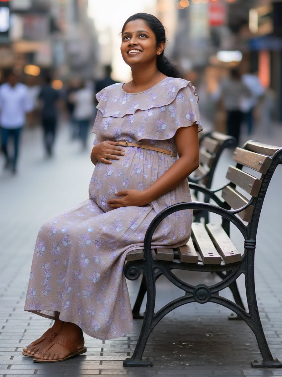 Light Brown Rayon Dress with Blue–Purple Floral Print – Ruffled Sleeves & Dual-Zip Nursing Access