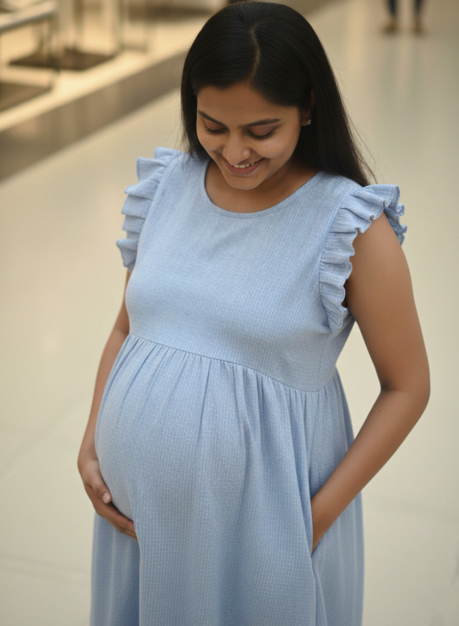 Blue Crushed Cotton Maternity & Nursing Dress with Horizontal Stripes