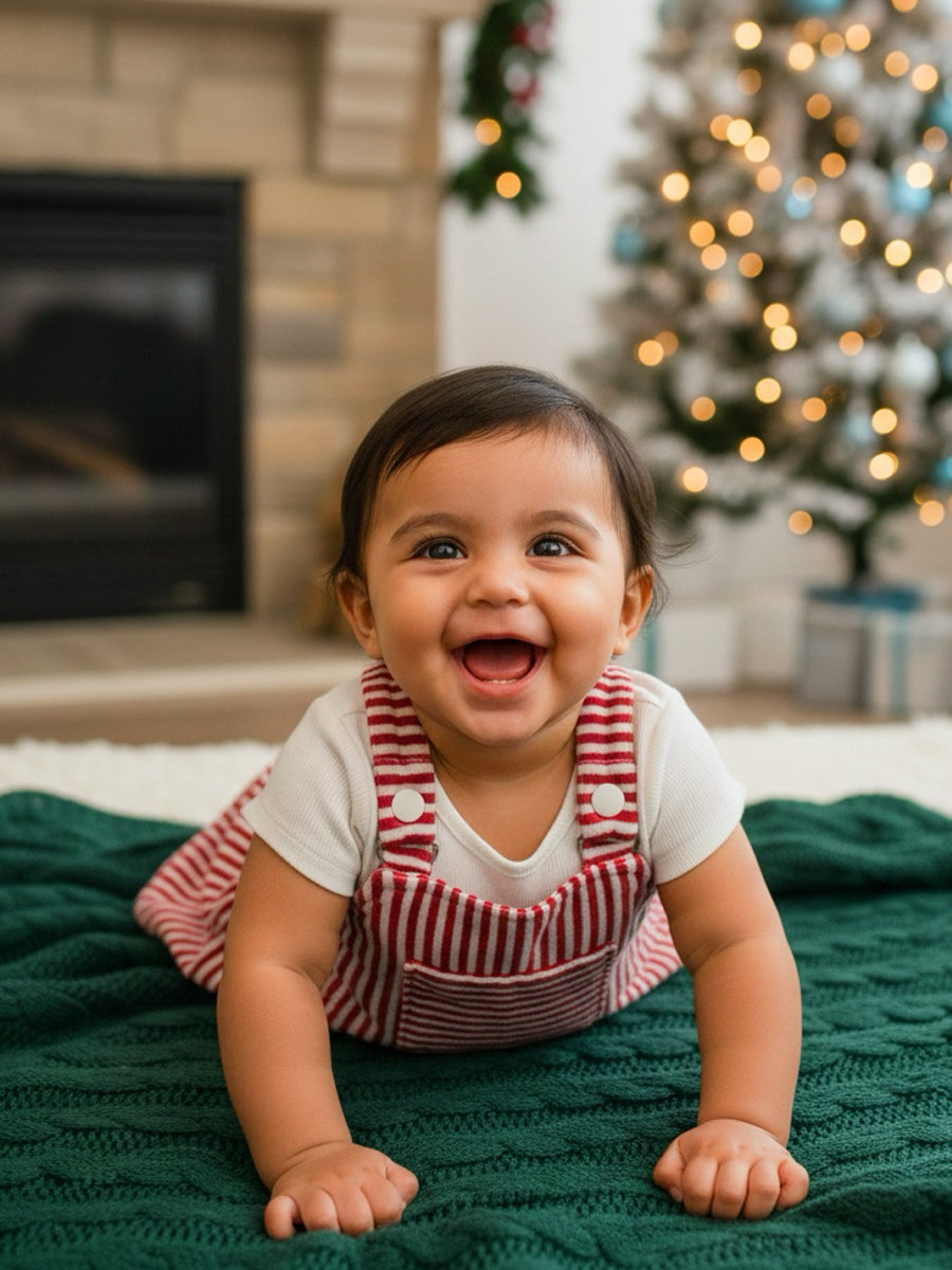 Red & White Striped Overall Dress with White Inner Top – Soft & Festive Baby Girl Outfit