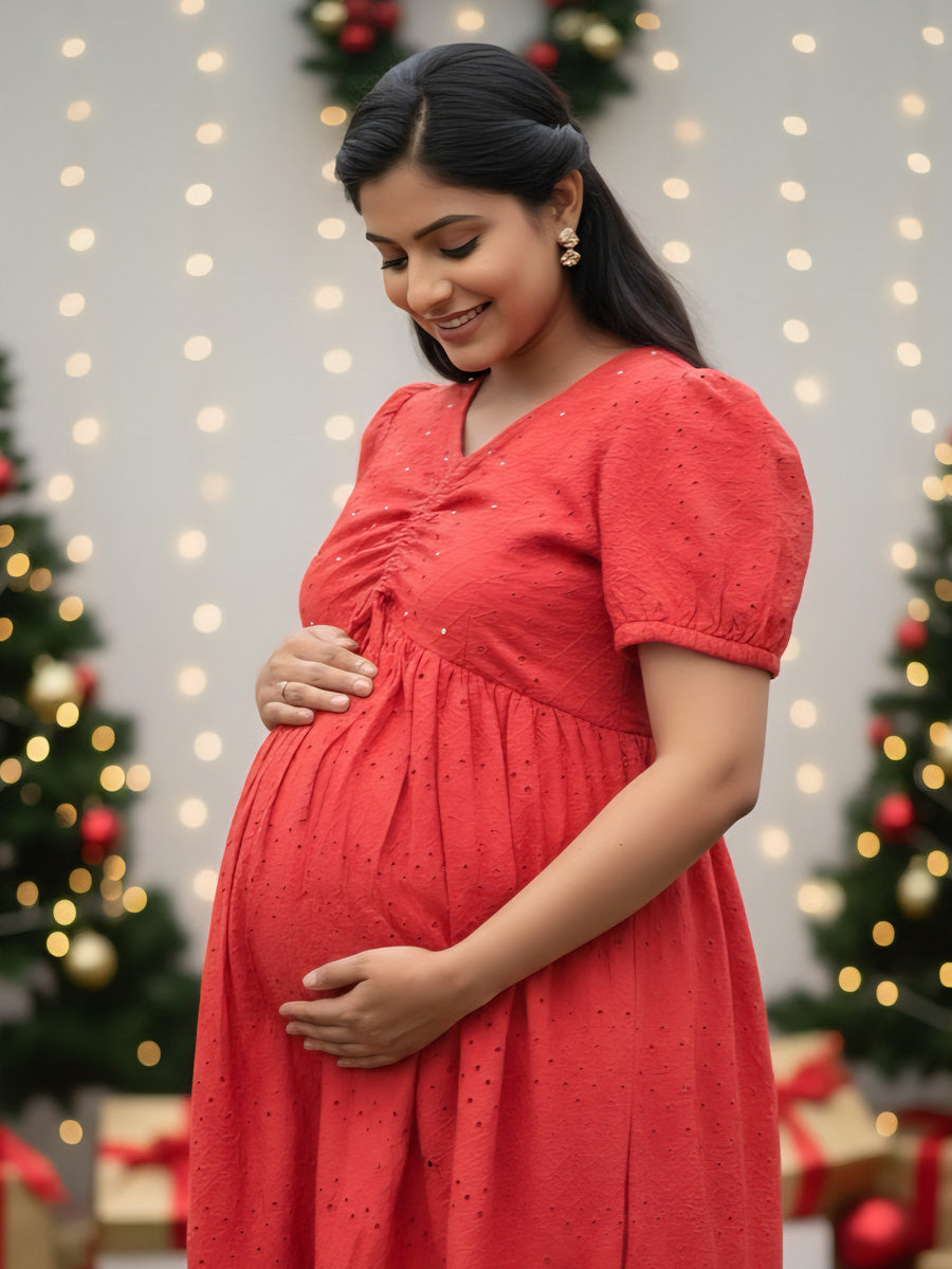 Aqaba Red Puff Sleeve Maternity & Feeding Dress – Festive Edition