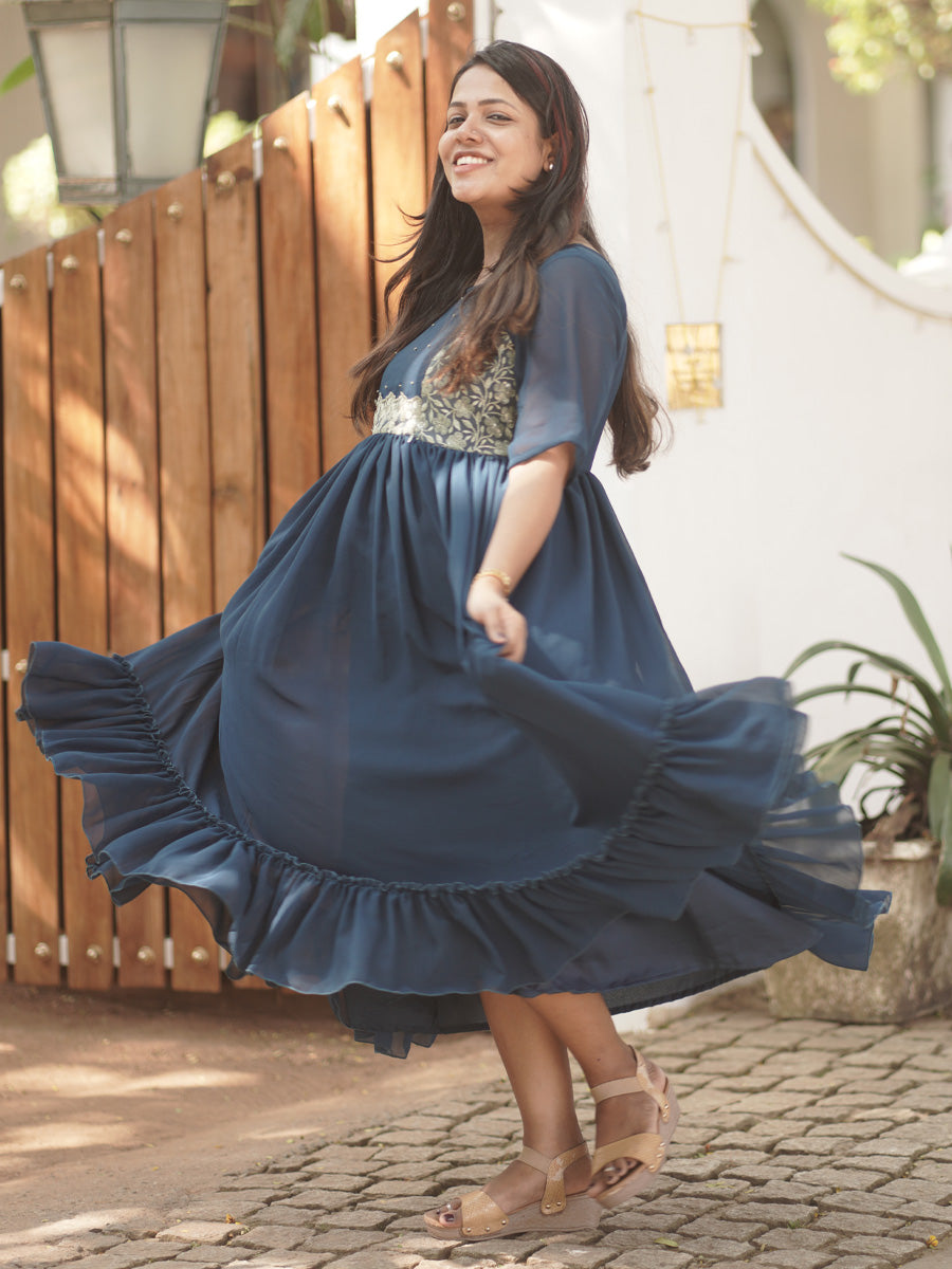 Royal Peacock Blue Maternity Party-Wear Dress with D-Net Yoke & Pleated Skirt
