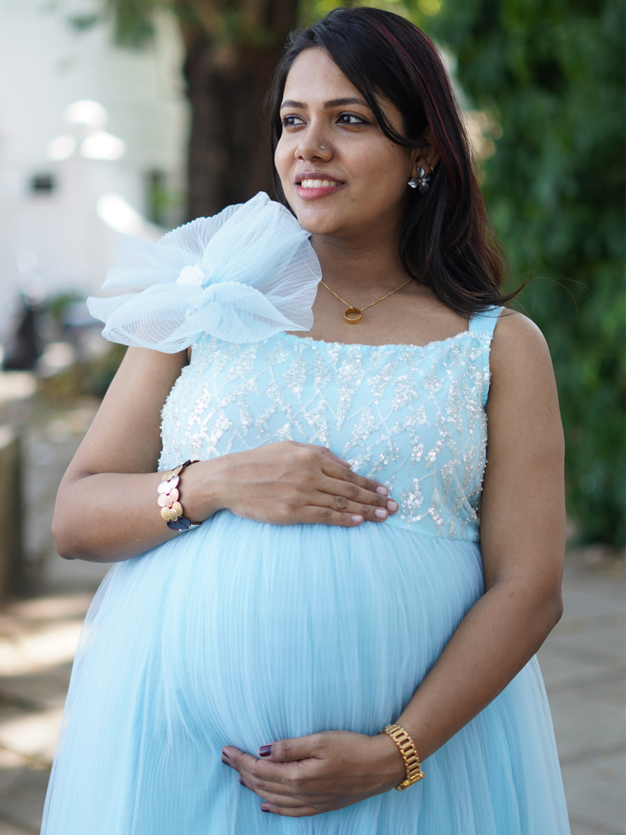 Sky Blossom Baby Shower & Photoshoot Maternity Gown – Sky Blue