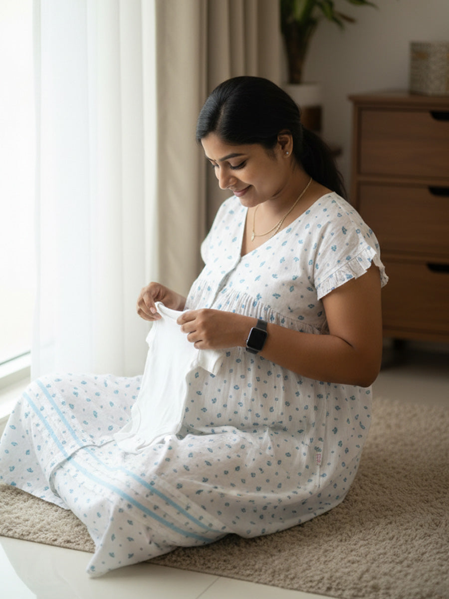 White Blue-Floral Full-Open Maternity & Nursing Nighty – Cotton by Ziva