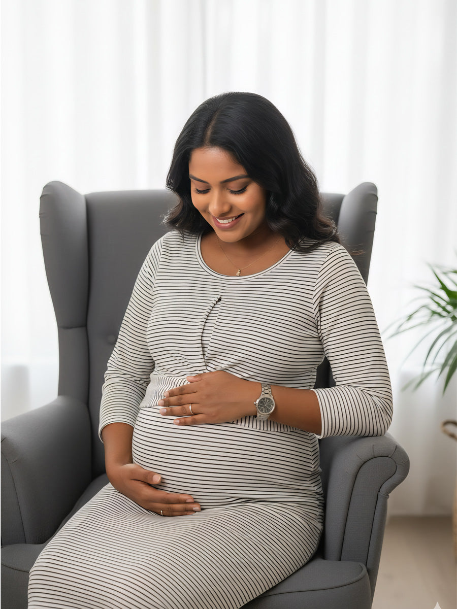 White Knitted Zipless Twisty Maternity Dress with Grey Striped Print