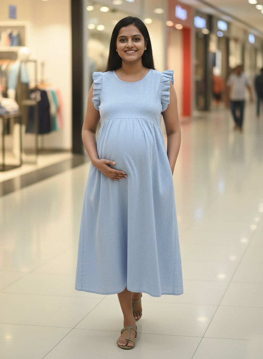 Blue Crushed Cotton Maternity & Nursing Dress with Horizontal Stripes