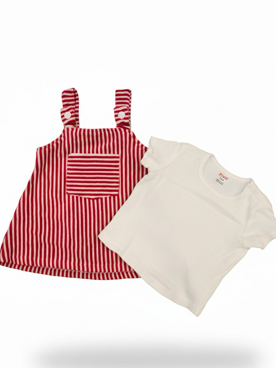 Red & White Striped Overall Dress with White Inner Top – Soft & Festive Baby Girl Outfit