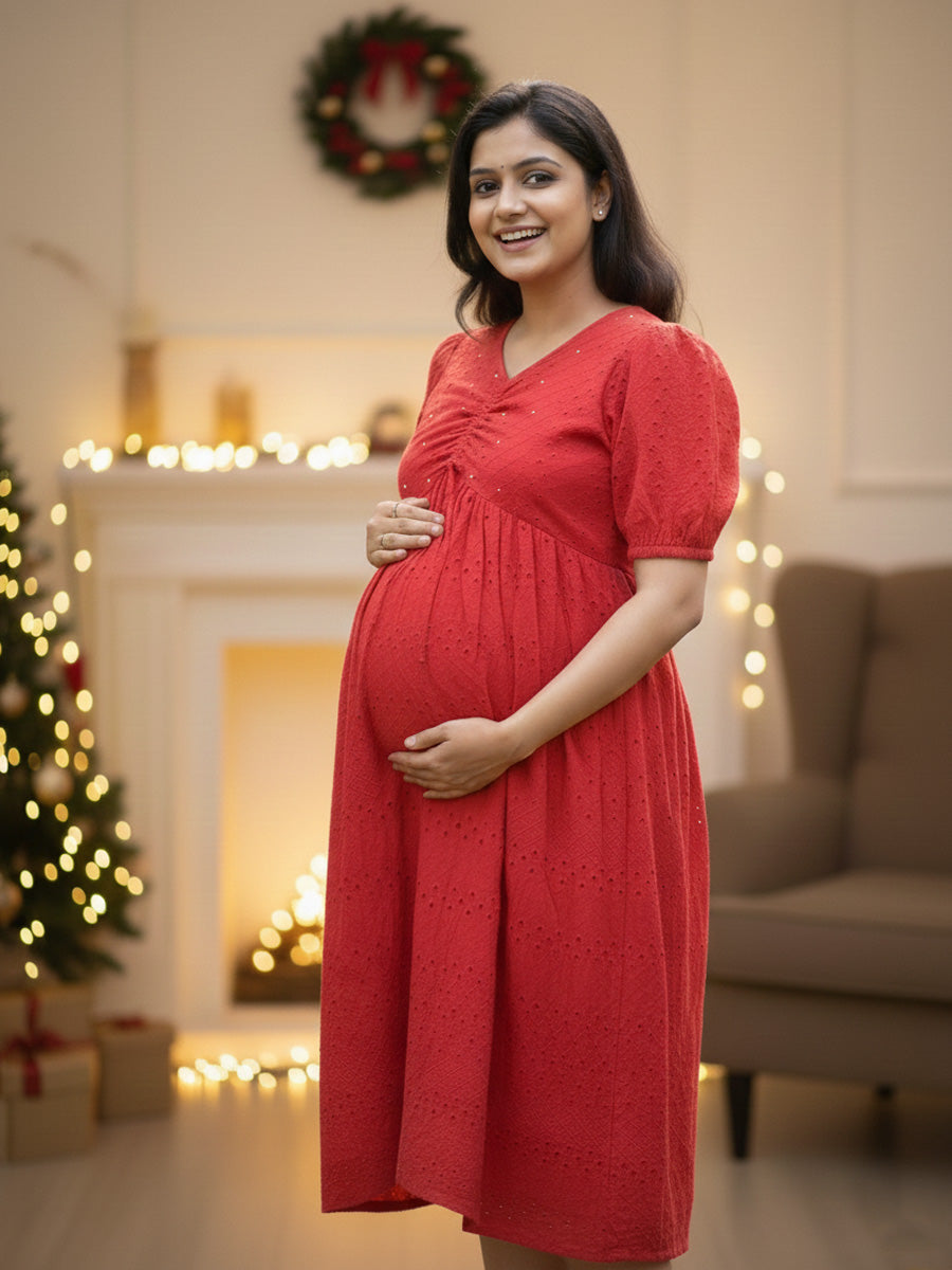 Aqaba Red Puff Sleeve Maternity & Feeding Dress – Festive Edition