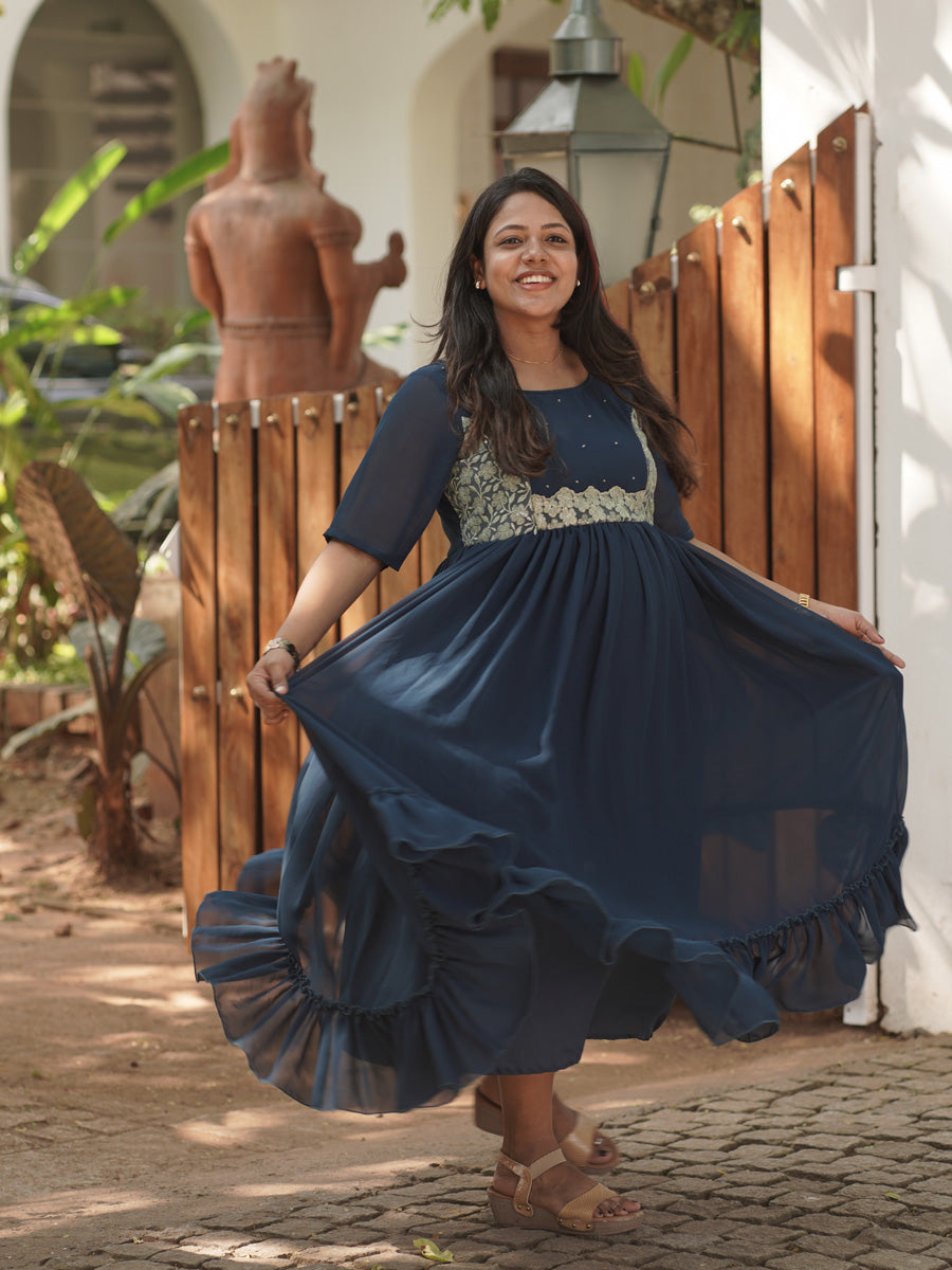 Royal Peacock Blue Maternity Party-Wear Dress with D-Net Yoke & Pleated Skirt