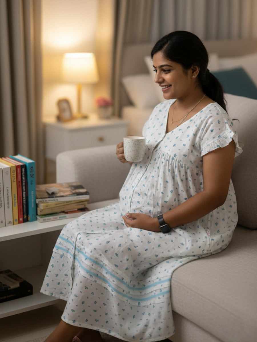 Buy Nighty Online | Cotton Floral Printed Front Open Maternity Long Nighty | HLONG-011 SLV