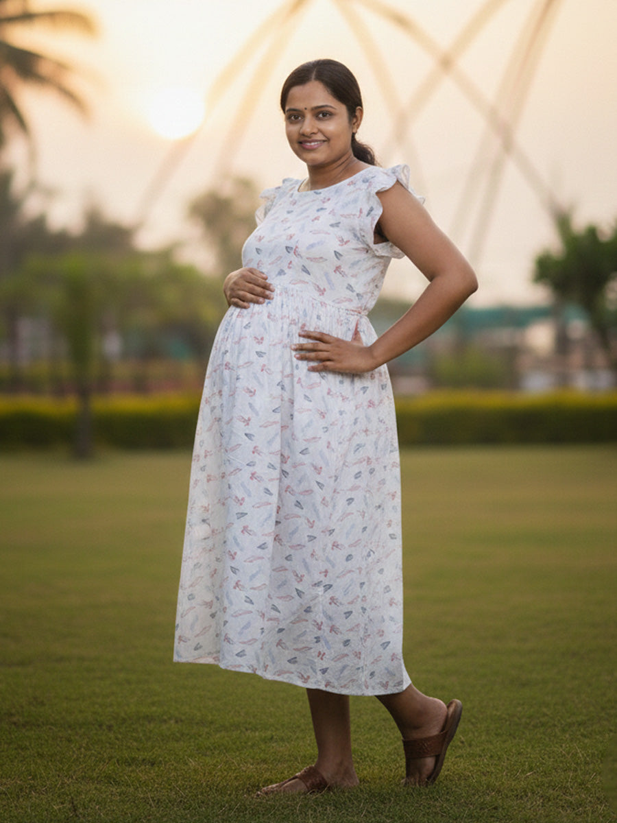 White Floral Cotton Mix Ruffle Sleeve Maternity & Feeding Dress