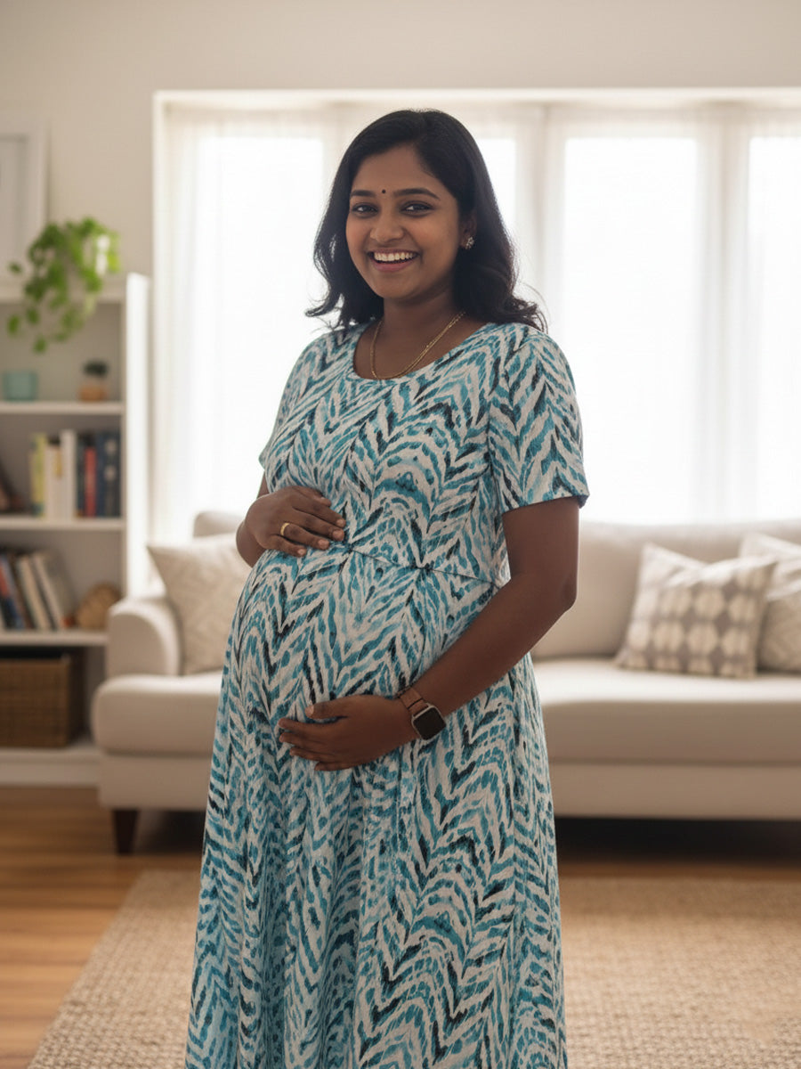 White Zig-Zag Printed Knitted Maternity & Zipless Feeding Dress | Ziva