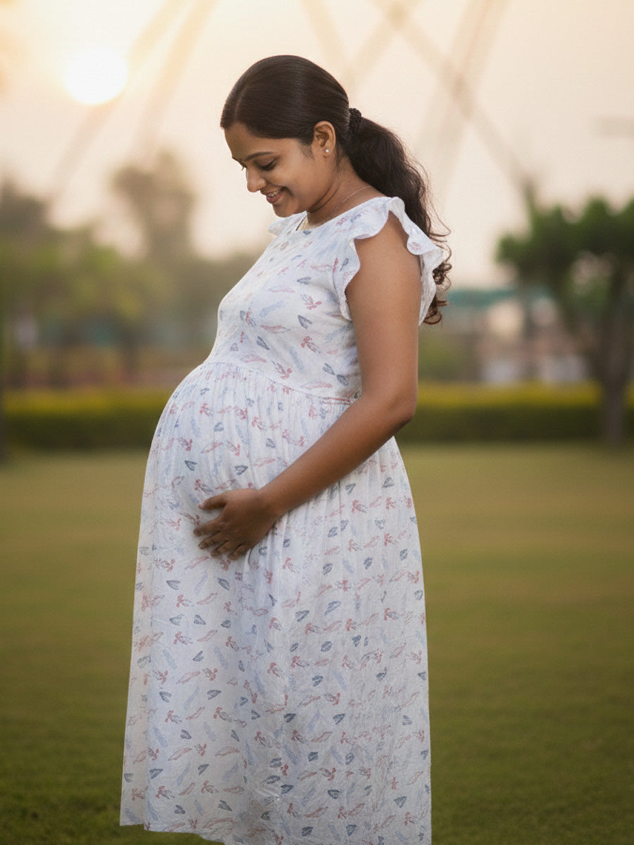 White Floral Cotton Mix Ruffle Sleeve Maternity & Feeding Dress