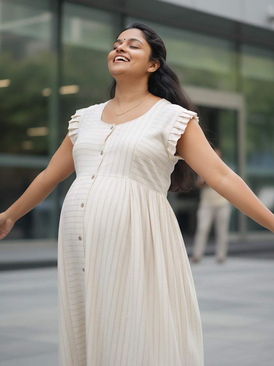 Cream Organic Cotton Maternity & Feeding Dress – Elegant Fine Brown Striped Print