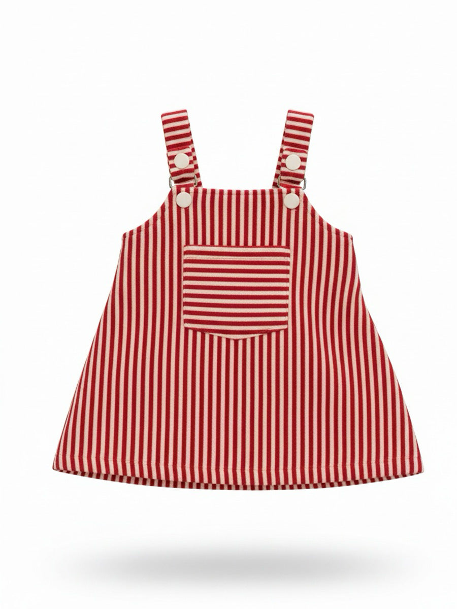 Red & White Striped Overall Dress with White Inner Top – Soft & Festive Baby Girl Outfit