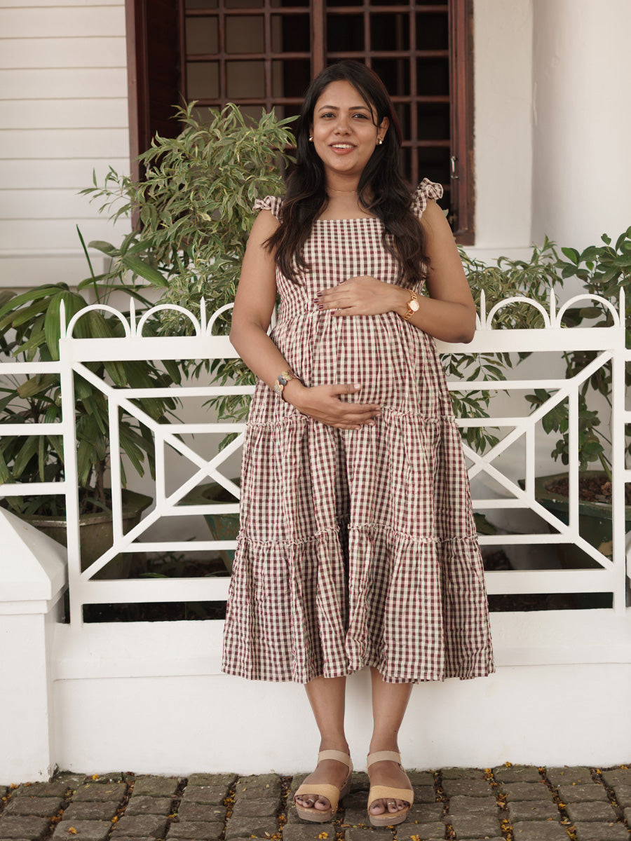 Brown & Cream Checkered Nursing Dress – Cotton Ruffle Butterfly Sleeves by Ziva