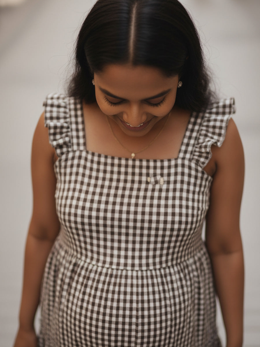 Brown & Cream Checkered Nursing Dress – Cotton Ruffle Butterfly Sleeves by Ziva