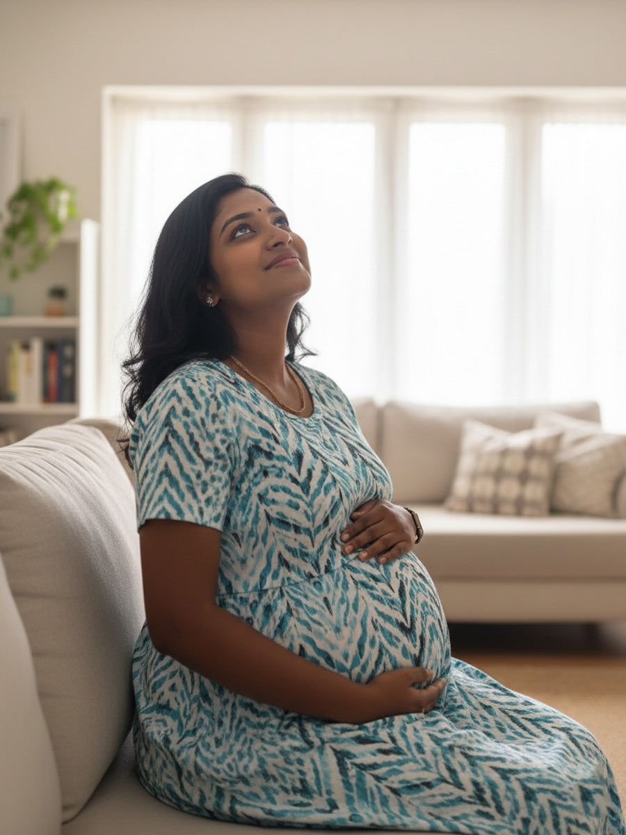 White Zig-Zag Printed Knitted Maternity & Zipless Feeding Dress | Ziva