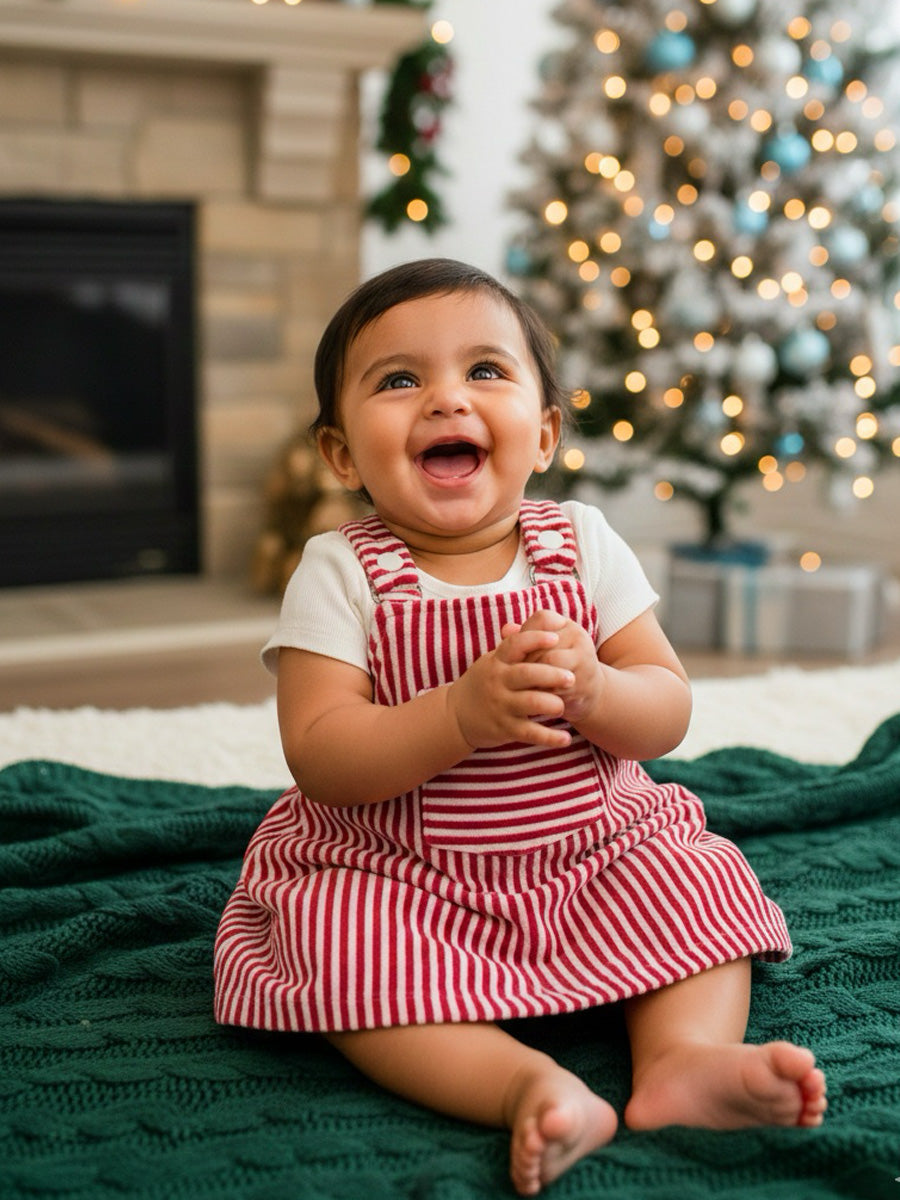 Red & White Striped Overall Dress with White Inner Top – Soft & Festive Baby Girl Outfit